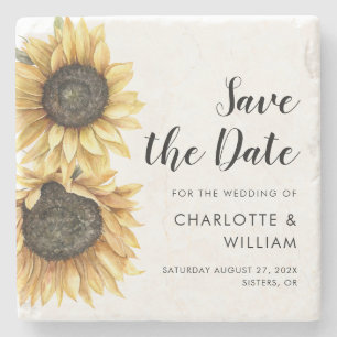 Waterverf Zonnebloem Bloemige Trouw Save the Date Stenen Onderzetter