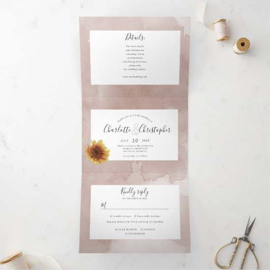 Waterverf zonnebloem blozen roze alles in een brui drieluik uitnodiging (Binnen)