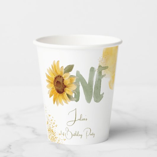Waterverf zonnebloem eerste verjaardag papieren bekers (Voorkant)