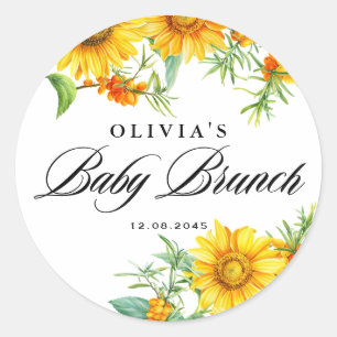 Waterverf Zonnebloem en Seabuckthorn Baby Brunch Ronde Sticker