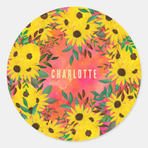 Waterverf Zonnebloem Floral Patroonroze + Naam Ronde Sticker