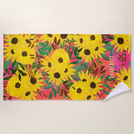 Waterverf Zonnebloem Floral Patroonroze + Naam Strandlaken (Voorkant)