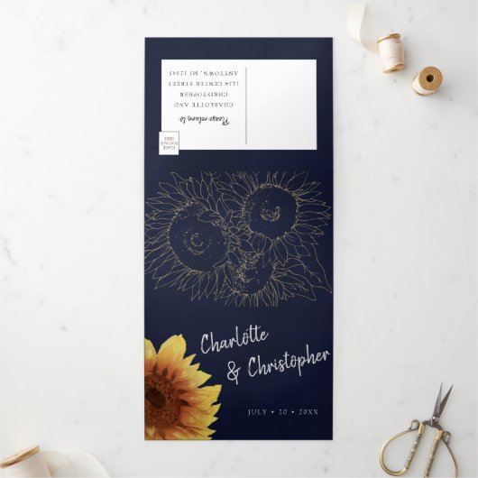 Waterverf zonnebloem marineblauw alles in één brui drieluik uitnodiging (Buitenkant)