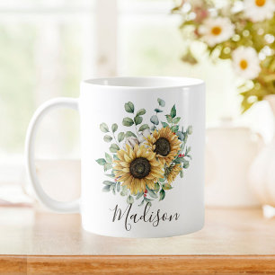 Waterverf Zonnebloem met Initiaal Vintage Landelij Koffiemok