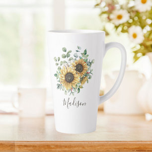 Waterverf Zonnebloem met Initiaal Vintage Landelij Latte Mok