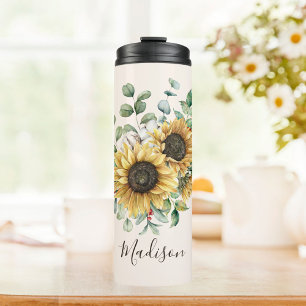 Waterverf Zonnebloem met Initialen Vintage Landeli Thermosbeker