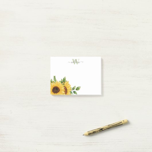 Waterverf Zonnebloem met monogram Post-it® Notes (Op bureau)