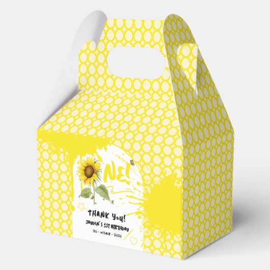 Waterverf zonnebloem met vlinders 1e verjaardag bedankdoosjes (Voorkant)