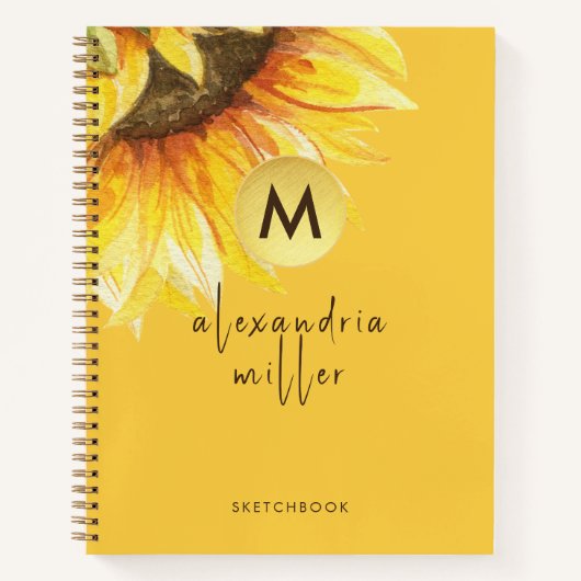 Waterverf Zonnebloem Monogram Sketchbook Sinaasapp Notitieboek (Voorkant)