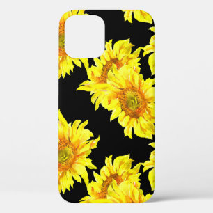 Waterverf Zonnebloem Naadloos Zwart Patroon iPhone 12 Hoesje