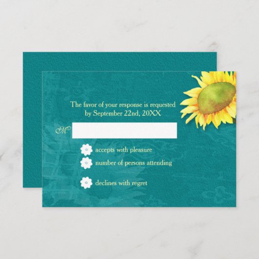 Waterverf Zonnebloem Rustic Blue Jade Wedding RSVP (Voorkant / Achterkant)