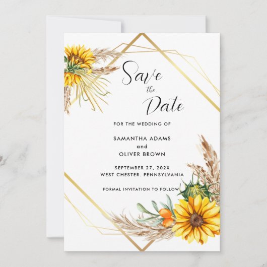 Waterverf Zonnebloem Rustiek Script Bewaar de datu Save The Date (Voorkant)