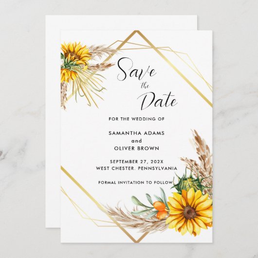 Waterverf Zonnebloem Rustiek Script Bewaar de datu Save The Date (Voorkant / Achterkant)