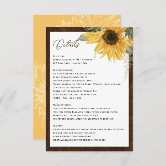 Waterverf Zonnebloem rustieke houten bruiloft deta Informatiekaartje (Voorkant / Achterkant)