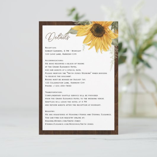 Waterverf Zonnebloem rustieke houten bruiloft deta Informatiekaartje (Staand voorkant)