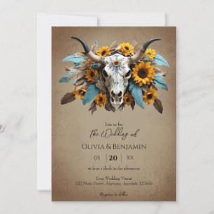 Waterverf Zonnebloem Veer Koe Schedel Wedding Kaart