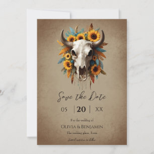 Waterverf Zonnebloem veer Koe Schedel Wedding Save The Date