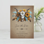 Waterverf Zonnebloem veer Koe Schedel Wedding Save The Date (Staand voorkant)
