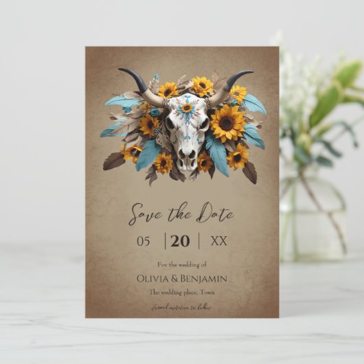 Waterverf Zonnebloem veer Koe Schedel Wedding Save The Date (Staand voorkant)