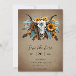 Waterverf Zonnebloem veer Koe Schedel Wedding Save The Date