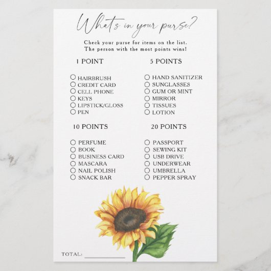 Waterverf zonnebloem Wat zit er in je tas spel (Voorkant)