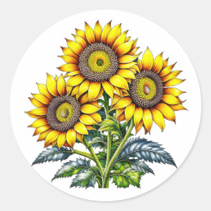 Waterverf Zonnebloemen Bloemen Ronde Sticker