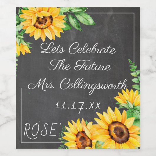 Waterverf Zonnebloemen Chalkboard Look Sparkling W Wijn Etiket (Enkel label)
