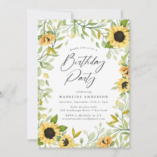 Waterverf Zonnebloemen en Greenery Birthday Party Kaart (Voorkant)