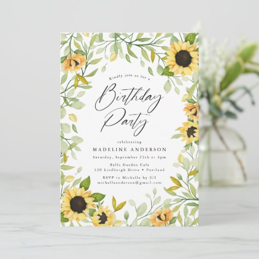 Waterverf Zonnebloemen en Greenery Birthday Party Kaart (Staand voorkant)