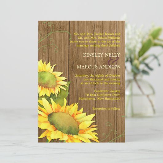 Waterverf Zonnebloemen en Houtkorrelige bruiloft Kaart (Staand voorkant)