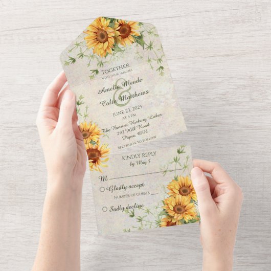 Waterverf Zonnebloemen en wijnstokken All In One Uitnodiging (Afscheurbaar)