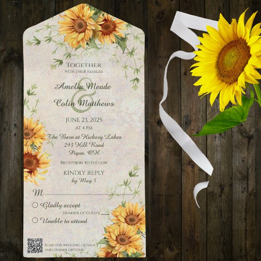 Waterverf Zonnebloemen en wijnstokken met QR-code All In One Uitnodiging