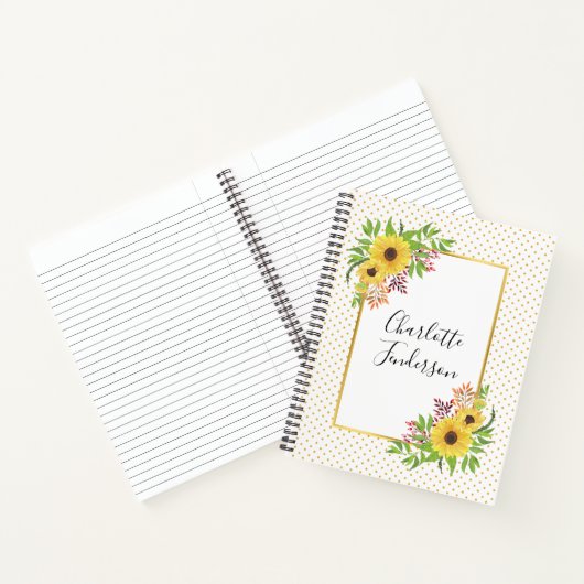 Waterverf zonnebloemen, gele en witte poka-stippen notitieboek (Binnen)