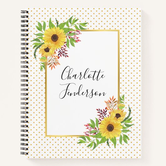 Waterverf zonnebloemen, gele en witte poka-stippen notitieboek (Voorkant)