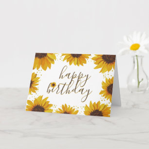 Waterverf Zonnebloemen & Gouden Stippen Happy Birt Kaart