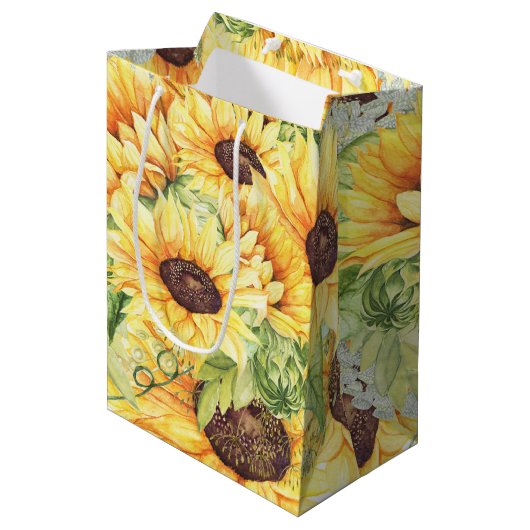 Waterverf Zonnebloemen Greenery Medium Gift Bags Medium Cadeauzakje (Voorkant Gekanteld)