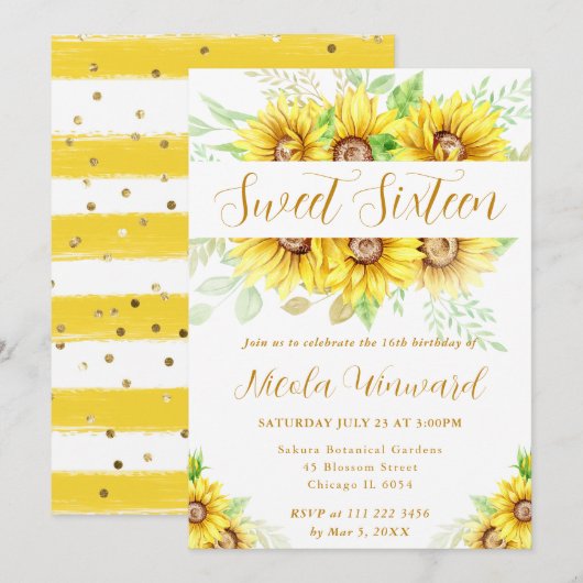 Waterverf Zonnebloemen Grens Lijst Sweet 16 Kaart (Voorkant / Achterkant)