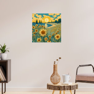Waterverf Zonnebloemen Landschap in Van Gogh Stijl Poster