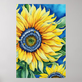 Waterverf zonnebloemen op een blauwe achtergrond i poster