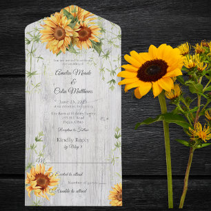 Waterverf Zonnebloemen op Whitewash Wood All In One Uitnodiging