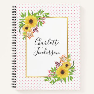 Waterverf zonnebloemen, roze en witte polka stippe notitieboek