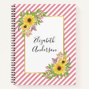 Waterverf zonnebloemen, roze en witte strepen notitieboek