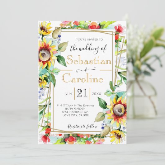 Waterverf Zonnebloemen Uitnodiging tot weddenschap (Staand voorkant)