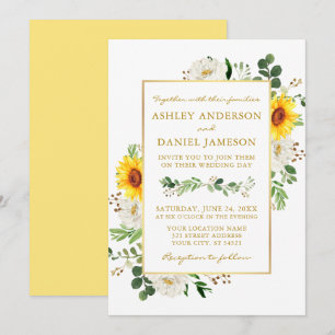 Waterverf Zonnebloemen White Floral Gold Wedding Kaart