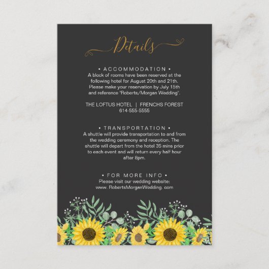 Waterverf zonnebloemen zwart bruiloft details informatiekaartje (Voorkant)