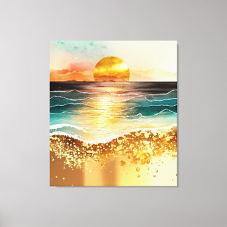 Waterverf Zonnevaste schildering met Gold Accents Canvas Afdruk