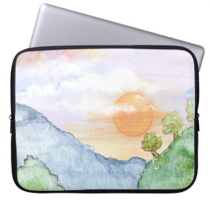 Waterverf Zonsondergang over Bergen & Bomen Laptop Sleeve