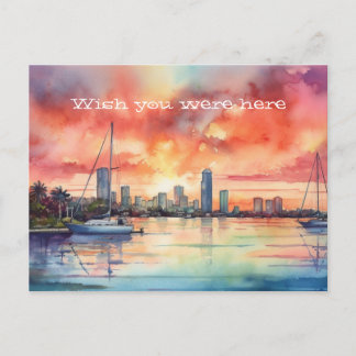 Waterverf zonsondergang over Miami van Biscayne Ba Briefkaart