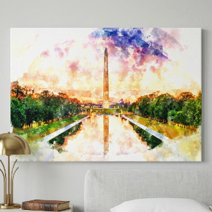 Waterverf Zonsondergang Reflectie Washington Monum Canvas Afdruk