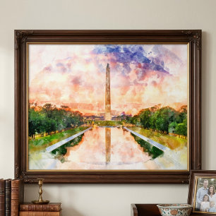 Waterverf Zonsondergang Reflectie Washington Monum Foto Afdruk